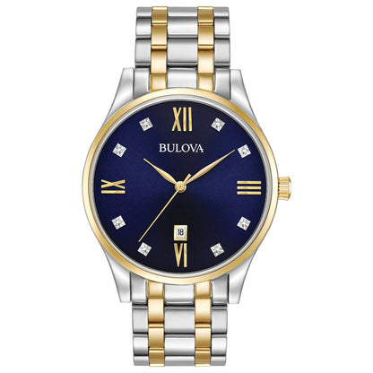 MENS DIAMOND TWO-TONE STAINLESS STEEL WATCH DARK BLUE DIAL