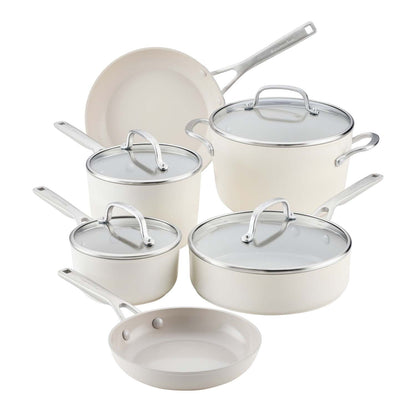 10PC HARD ANODIZED CERAMIC INDUCTION COOKWARE SET PORCELAIN WHITE