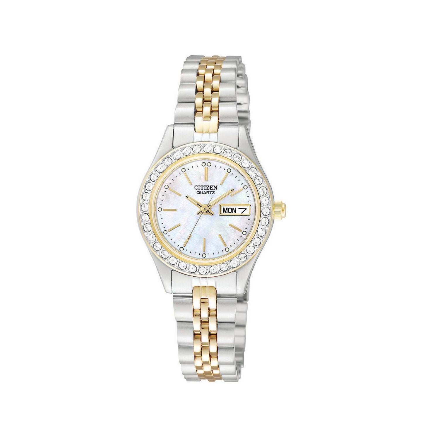 WOMENS TWO TONE STAINLESS STEEL WATCH WITH CRYSTAL BEZEL