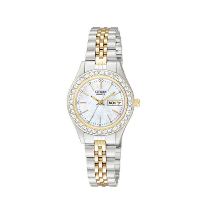 WOMENS TWO TONE STAINLESS STEEL WATCH WITH CRYSTAL BEZEL