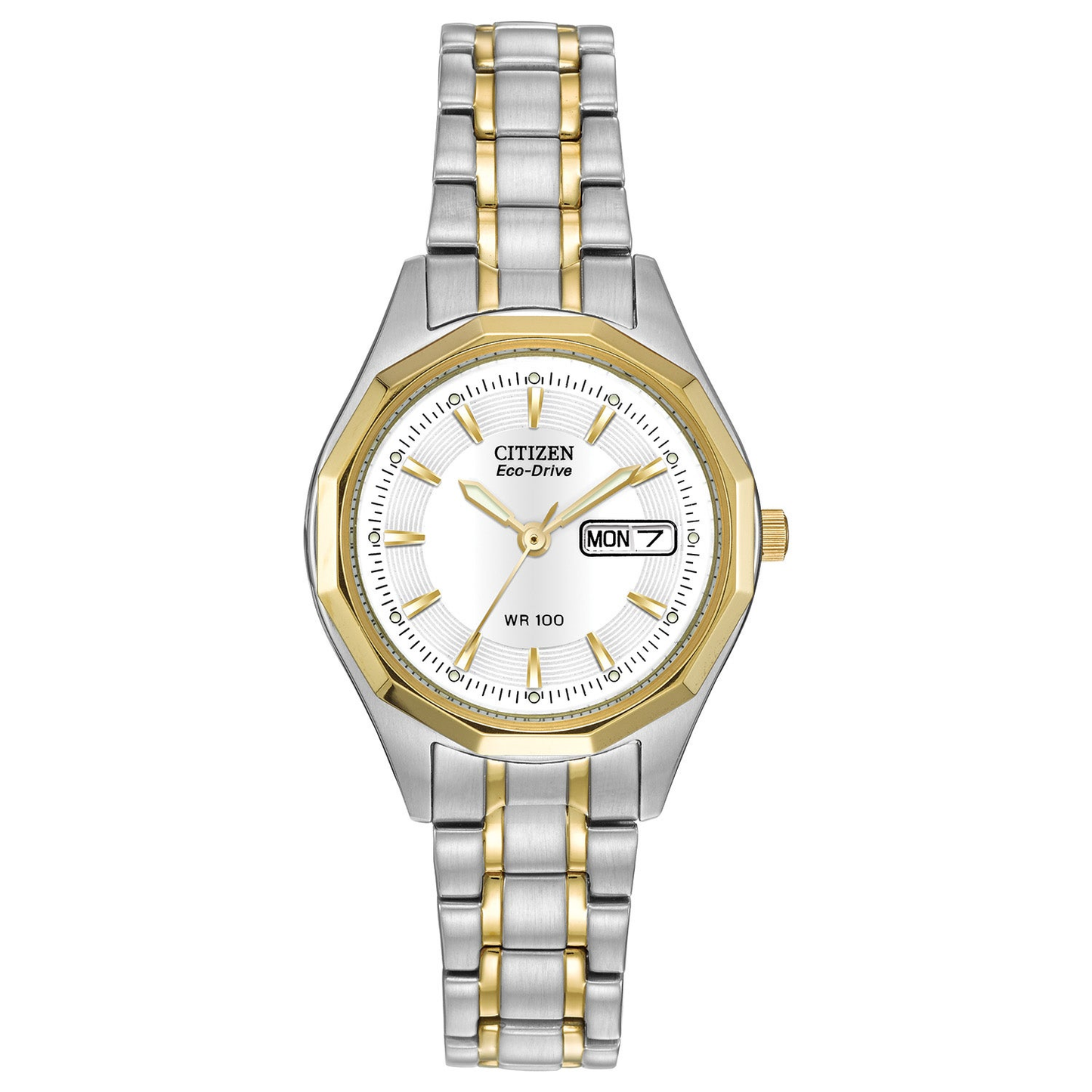 LADIES' CORSO ECO-DRIVE TWO-TONE STAINLESS STEEL 12-SIDED WATCH, WHITE DIAL