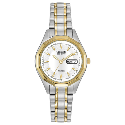 LADIES' CORSO ECO-DRIVE TWO-TONE STAINLESS STEEL 12-SIDED WATCH, WHITE DIAL