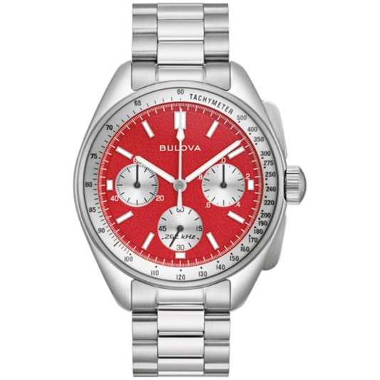 MEN'S LUNAR PILOT CHRONOGRAPH STAINLESS STEEL WATCH W/ LEATHER STRAP, RED DIAL
