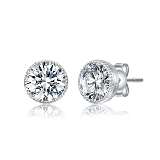 CZ RHODIUM ROUND STUD EARRINGS, CLEAR