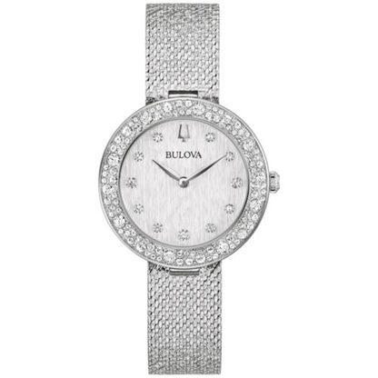 LADIES' CHAMPAGNE CRYSTAL SILVER-TONE MESH STRAP WATCH, SILVER DIAL