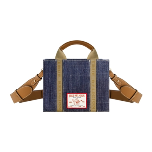 TRUE RELIGION DENIM MINI BOX TOTE STRAP, DARK DENIM
