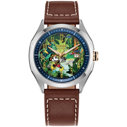 UNISEX MICKEY MOUSE EXPLORER BROWN LEATHER STRAP WATCH GREEN DIAL