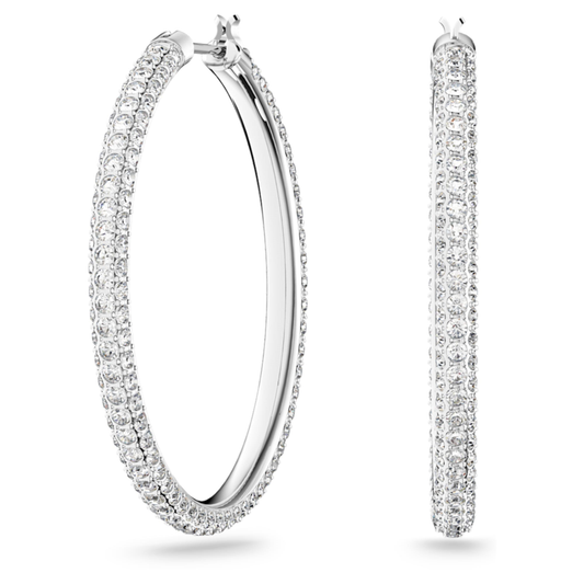 SWAROVSKI DEXTERA HOOP EARRINGS PAVÉ, LARGE, WHITE, RHODIUM PLATED