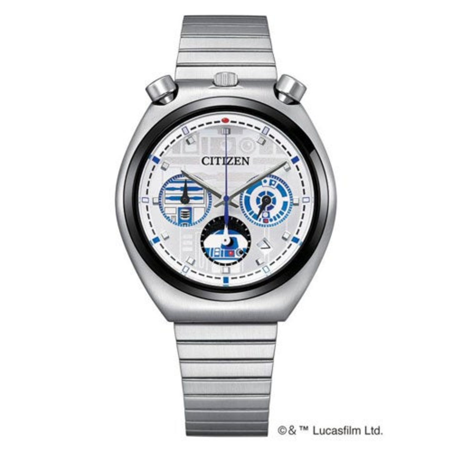 MEN'S QUARTZ STAR WARS R2-D2 SILVER-TONE STAINLESS STEEL WATCH, SILVER DIAL