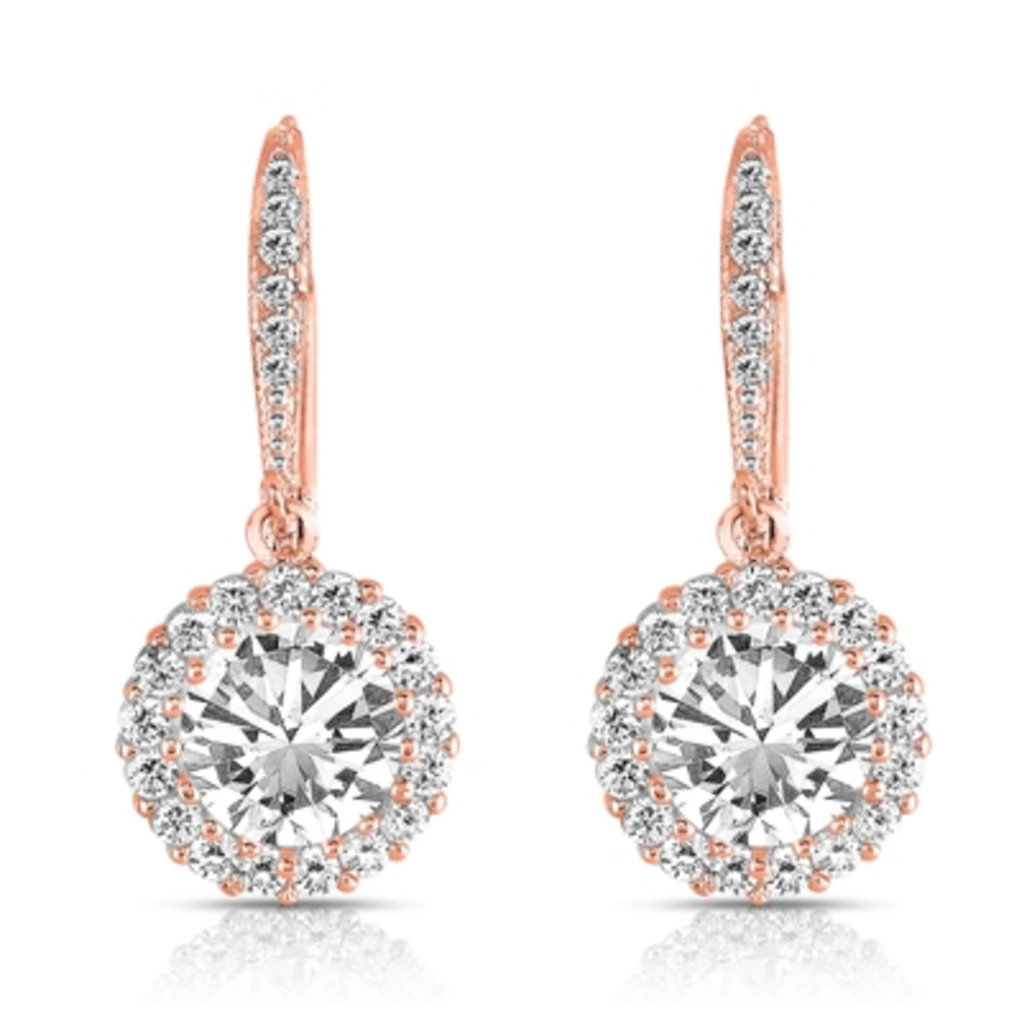 ROUND CZ HALOED SOLITAIRE DROP EARRINGS, ROSE GOLD, 1.25