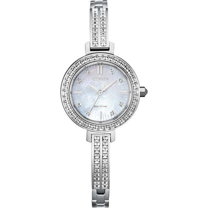 LADIES' SILHOUETTE CRYSTAL SILVER-TONE STAINLESS STEEL BANGLE WATCH, MOP DIAL