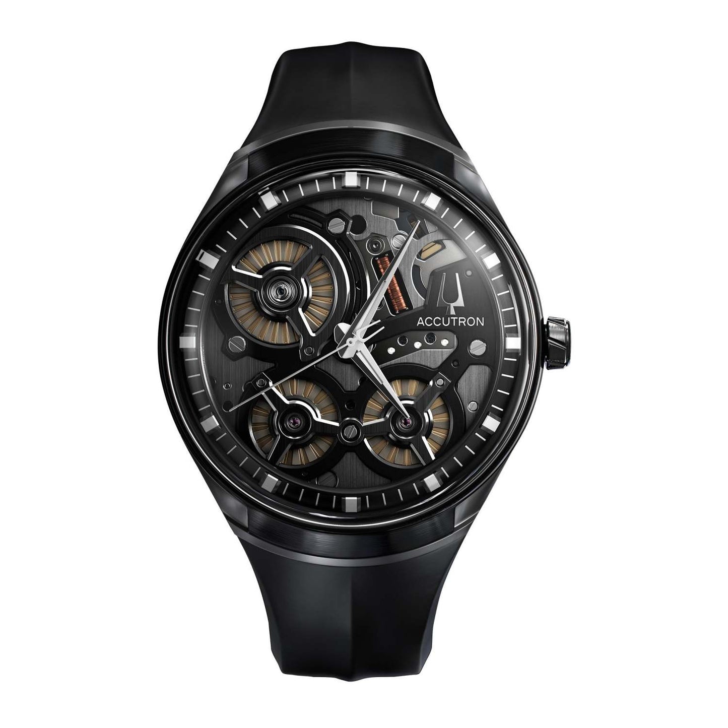 MEN'S ACCUTRON DNA ELECTROSTATIC GRAY & BLACK RUBBER STRAP WATCH, BLACK DIAL