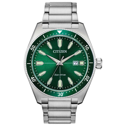 MEN'S BRYCEN ECO-DRIVE SILVER-TONE STAINLESS STEEL WATCH, PINE GREEN DIAL