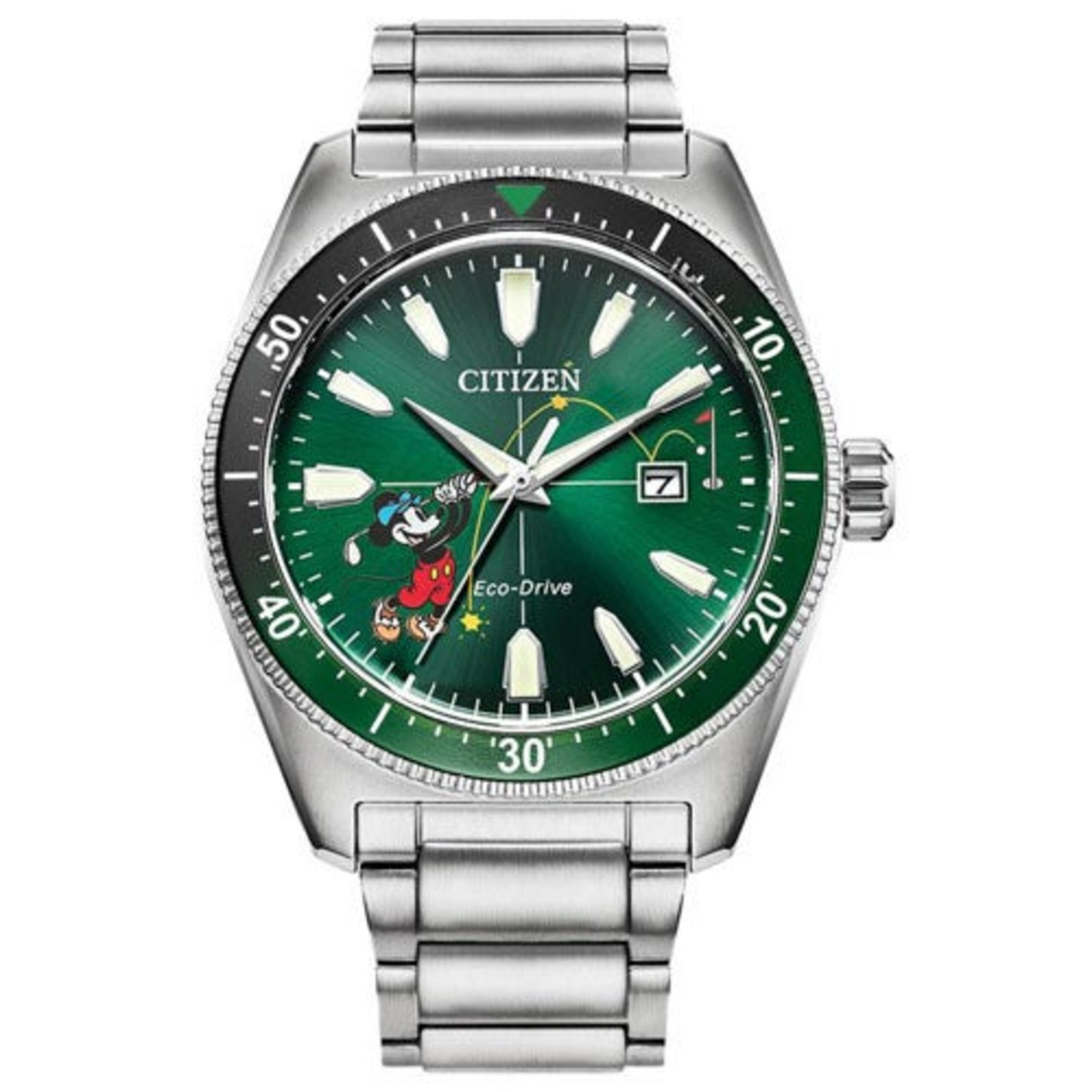 MEN'S TEE TIME MICKEY ECO-DRIVE SILVER-TONE STAINLESS STEEL WATCH, GREEN DIAL