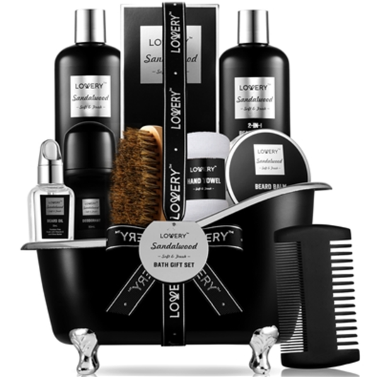 BEARD GROOMING SANDALWOOD GIFT BASKET, BLACK / SILVER, 11 PIECES