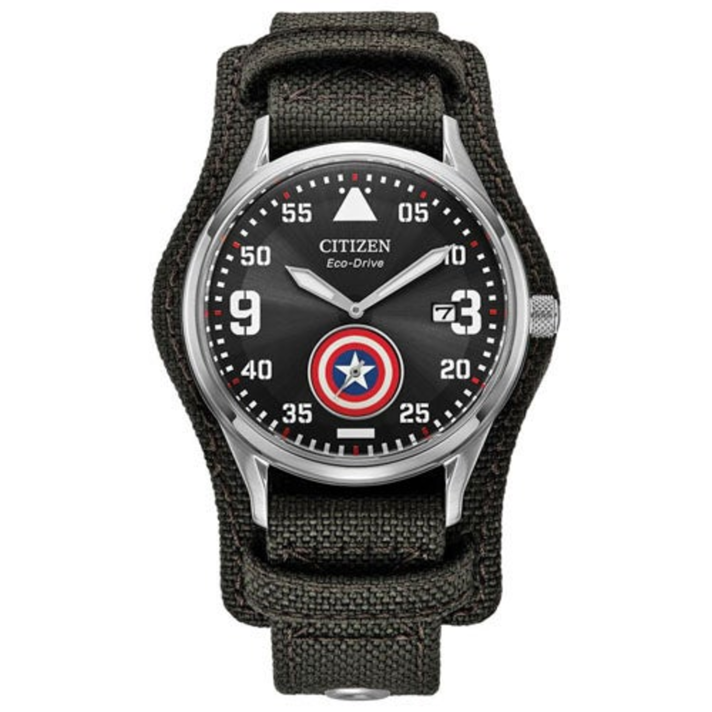 MEN'S CAPTAIN AMERICA FOREVER ECO-DRIVE GRAY CORDURA STRAP WATCH, BLACK DIAL