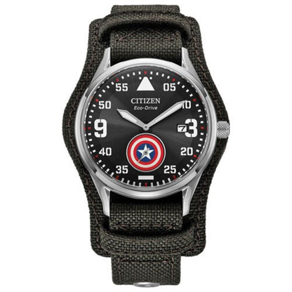 MEN'S CAPTAIN AMERICA FOREVER ECO-DRIVE GRAY CORDURA STRAP WATCH, BLACK DIAL