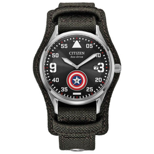 MEN'S CAPTAIN AMERICA FOREVER ECO-DRIVE GRAY CORDURA STRAP WATCH, BLACK DIAL