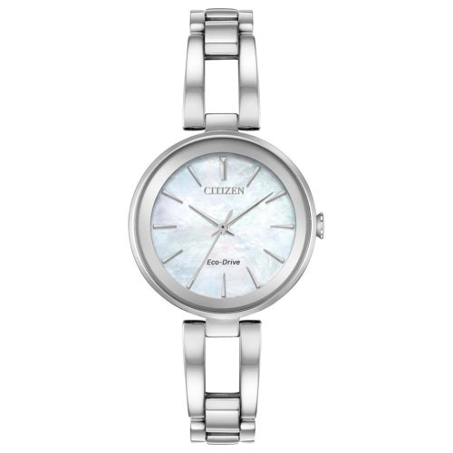 LADIES' AXIOM ECO-DRIVE SILVER-TONE STAINLESS STEEL WATCH, MOTHER-OF-PEARL DIAL