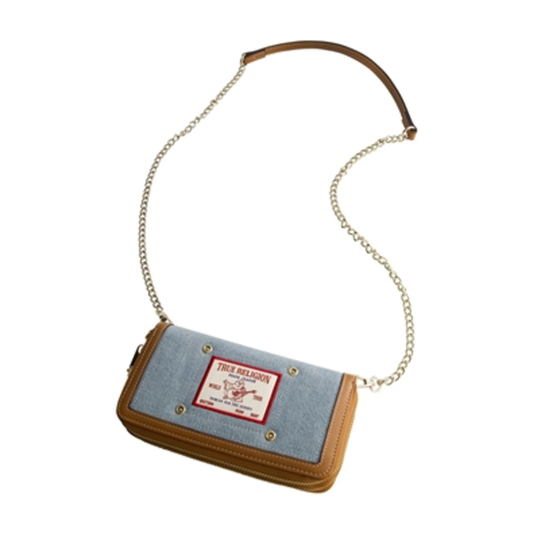 BUDDHA PATCH DOUBLE ZIP CHAIN WALLET, DENIM