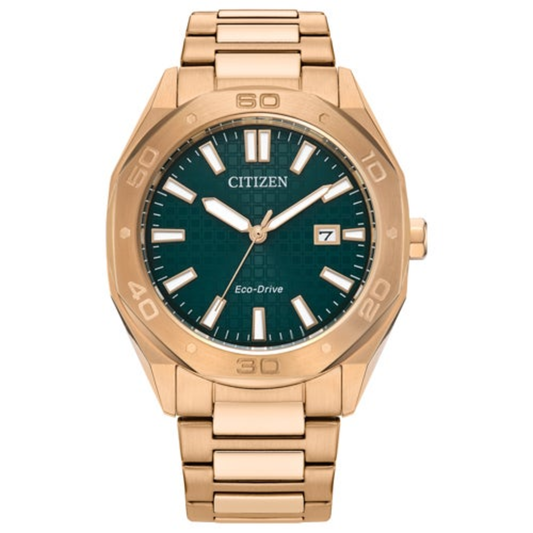 MEN'S WEEKENDER SPORTY ECO-DRIVE GOLD-TONE SS WATCH, GREEN DIAL