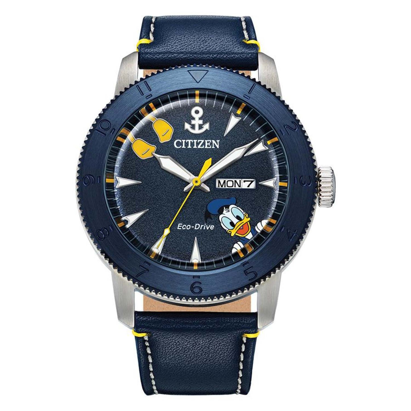 MEN'S DONALD DUCK ECO-DRIVE NAVY LEATHER STRAP WATCH, NAVY DIAL