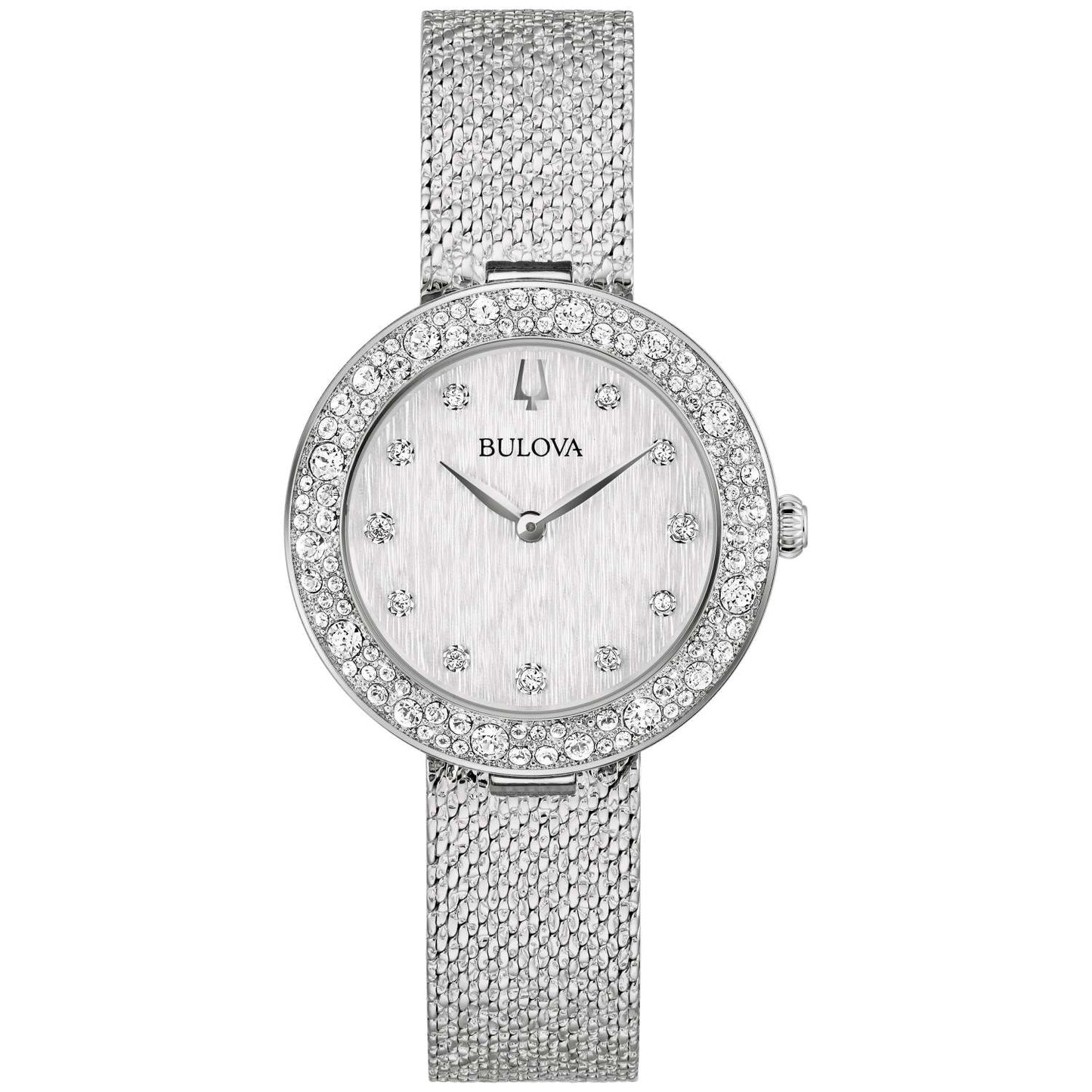 LADIES' CHAMPAGNE CRYSTAL SILVER-TONE MESH STRAP WATCH, SILVER DIAL