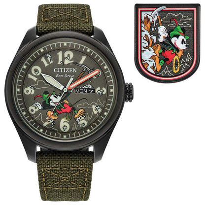 MEN'S ALPINE MICKEY MOUSE ECO-DRIVE OLIVE GREEN CORDURA STRAP WATCH, GREEN DIAL