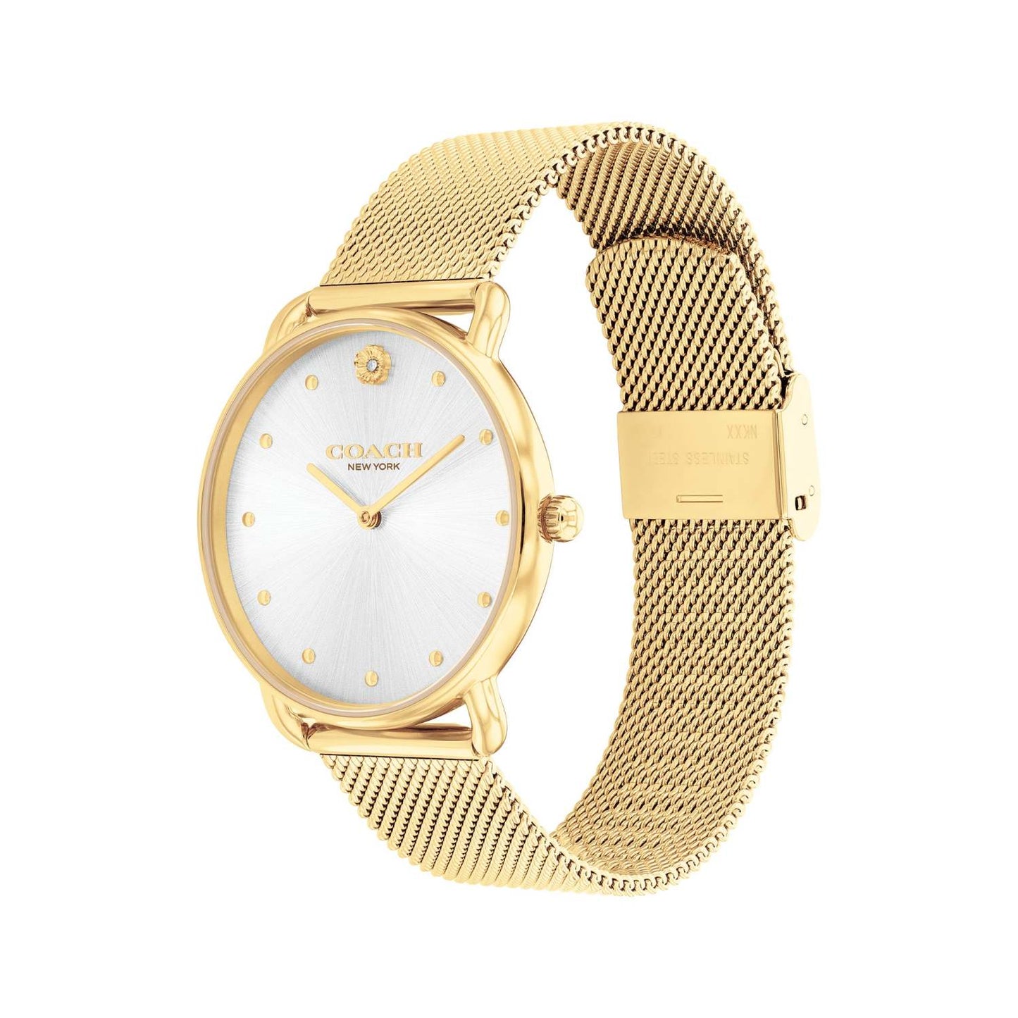 LADIES' ELLIOT GOLD-TONE STAINLESS STEEL MESH WATCH, SILVER DIAL
