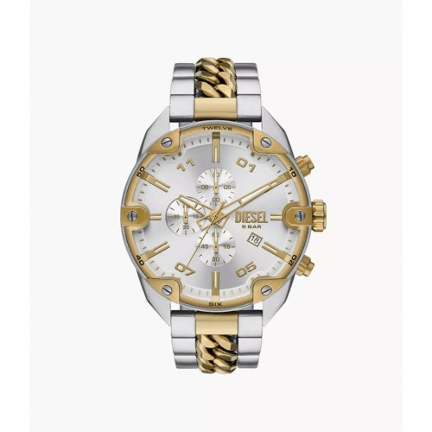 MENS SPIKED CHRONOGRAPH TWO-TONE STAINLESS STEEL WATCH SILVER DIAL