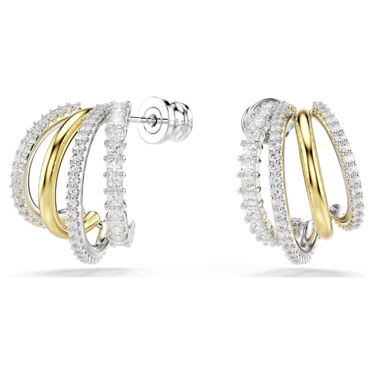 SWAROVSKI HYPERBOLA HOOP EARRINGS, MIXED CUTS, MINI, WHITE, MIXED METAL FINISH