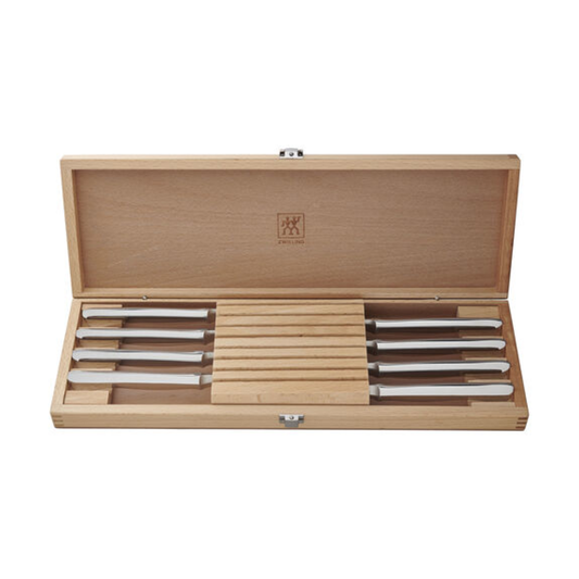 ZWILLING STEAK SETS 8PC STAINLESS STEEL SERRATED STEAK KNIFE SET WITH WOOD PRESENTATION CASE
