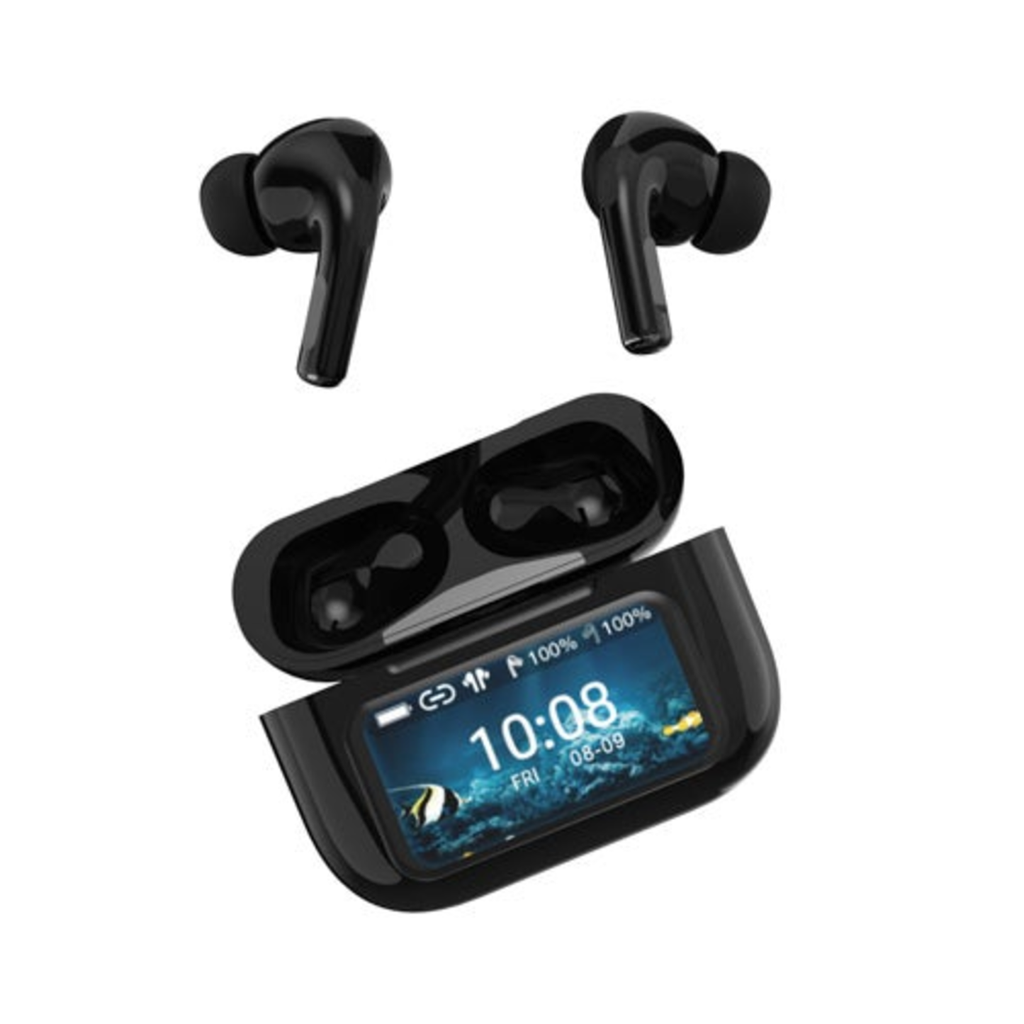 NOISE CANCELLING TRUE WIRELESS EARBUDS W/ TOUCH SCREEN CASE BLACK