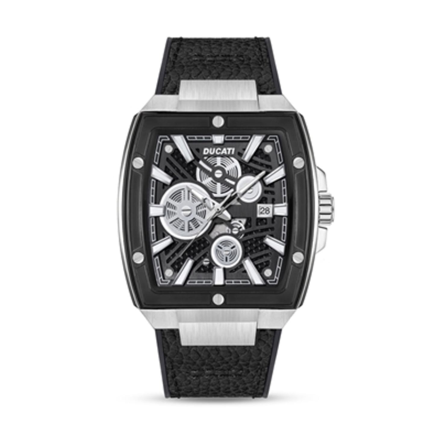 DUCATI AUTOMATIC WATCH BLACK LEATHER STR, BLACK, MENS STAND