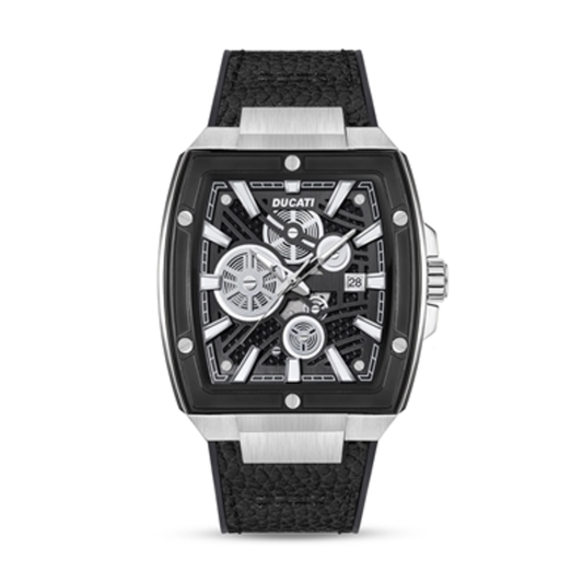 DUCATI AUTOMATIC WATCH BLACK LEATHER STR, BLACK, MENS STAND