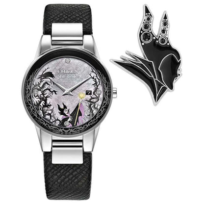 LADIES' MALEFICENT'S CHARM ECO-DRIVE BLACK LEATHER STRAP WATCH, GRAY DIAL