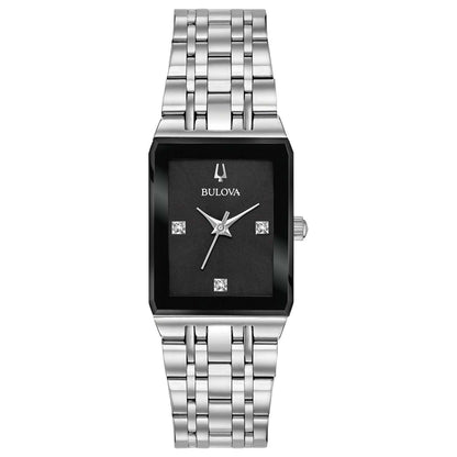 LADIES' QUADRA MODERN SILVER-TONE STAINLESS RECTANGLE WATCH, BLACK DIAL