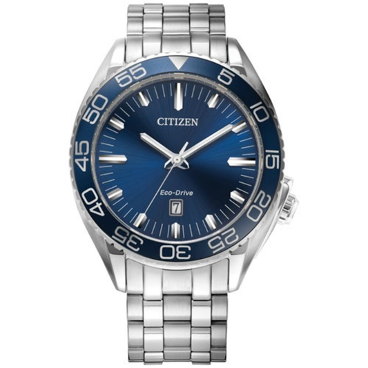 MEN'S CARSON SPORT LUXURY ECO-DRIVE SILVER-TONE STAINLESS STEEL WATCH, BLUE DIAL