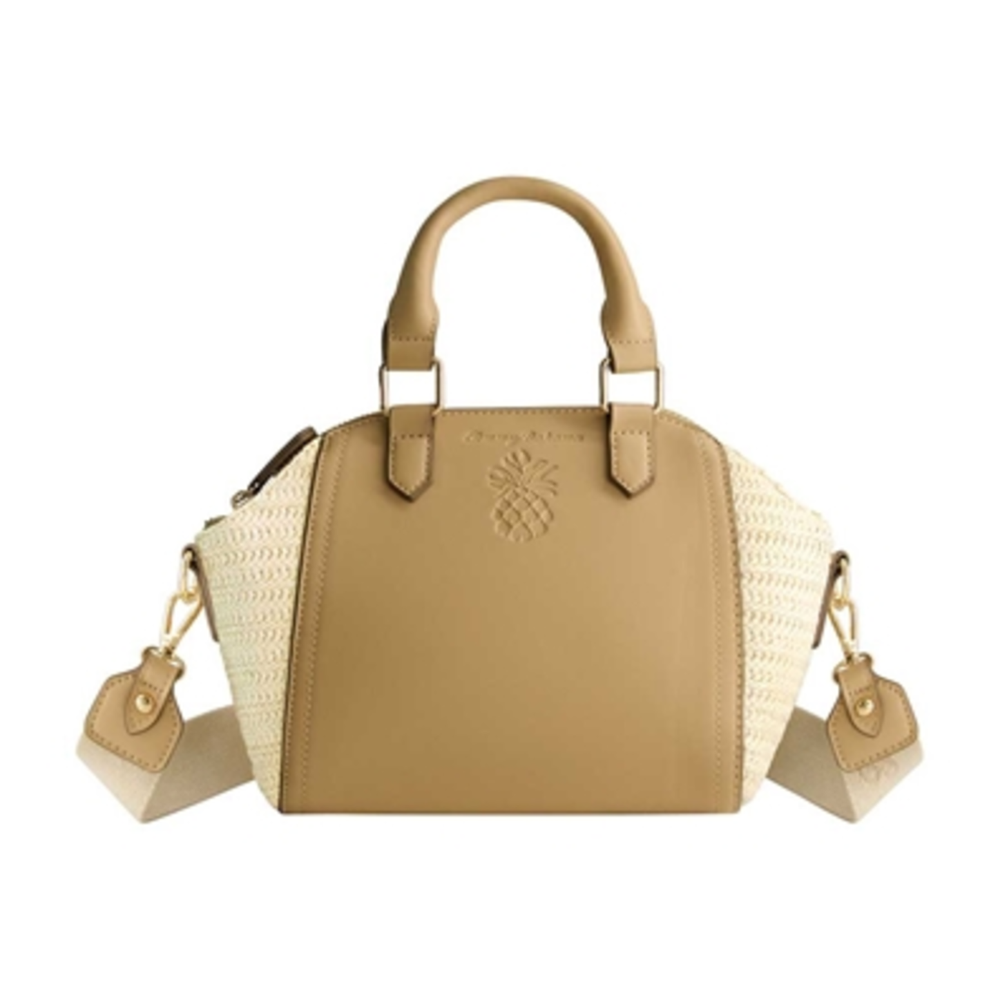 SATCHEL WITH STRAW ACCENTS, TAN, MINI