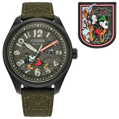 MEN'S ALPINE MICKEY MOUSE ECO-DRIVE OLIVE GREEN CORDURA STRAP WATCH, GREEN DIAL