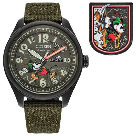 MEN'S ALPINE MICKEY MOUSE ECO-DRIVE OLIVE GREEN CORDURA STRAP WATCH, GREEN DIAL