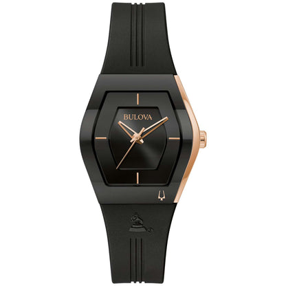 LADIES' GEMINI LATIN GRAMMY BLACK & ROSE GOLD SILICONE STRAP WATCH, BLACK DIAL
