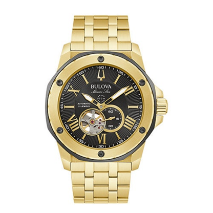MEN'S MARINE STAR GOLD-TONE STAINLESS STEEL WATCH, BLACK DIAL