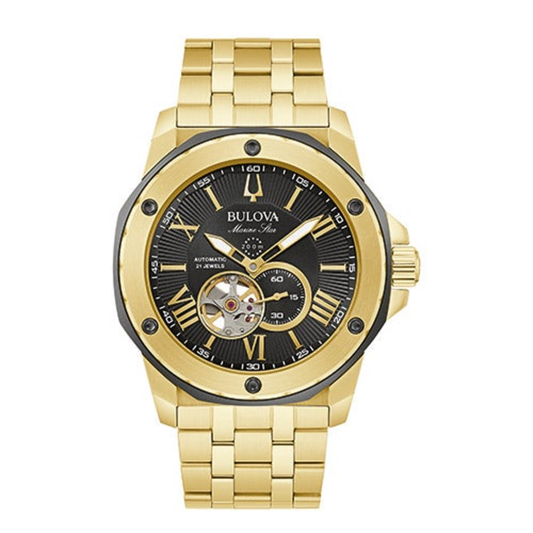 MEN'S MARINE STAR GOLD-TONE STAINLESS STEEL WATCH, BLACK DIAL