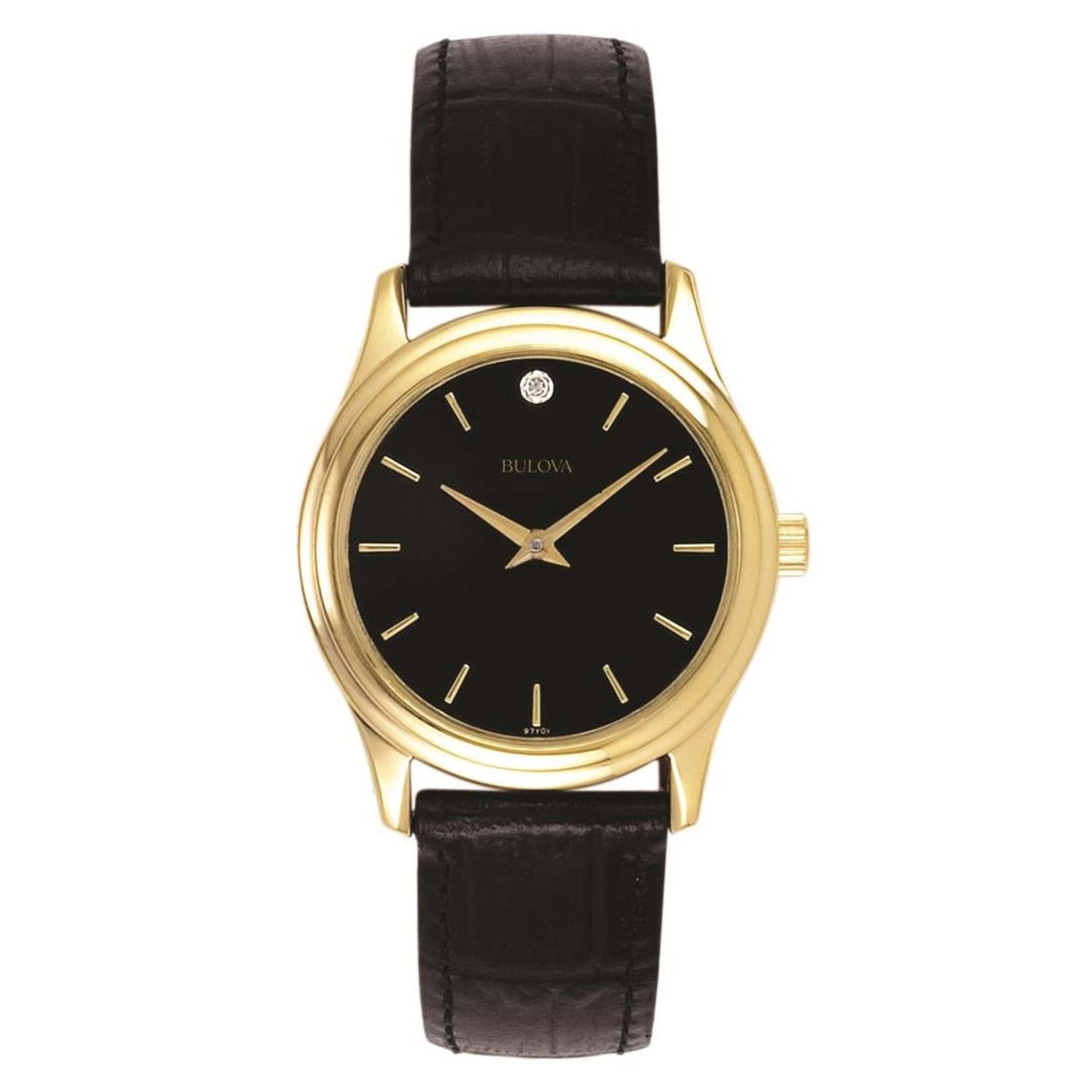 LADIES CORPORATE COLLECTION GOLD & BLACK LEATHER STRAP WATCH BLACK DIAL