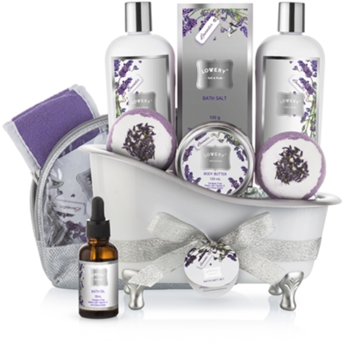 LAVENDER BATH GIFT SET, SILVER, 9 PIECES