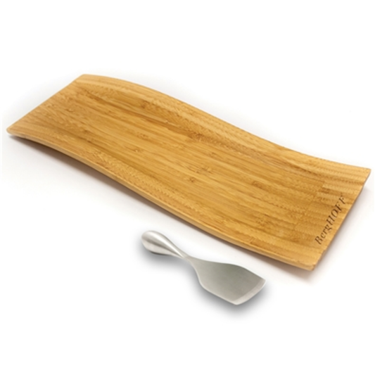 BAMBOO 2PC WAVY BOARD SET/ CHEESE KNIFE, NATURAL/SILVER
