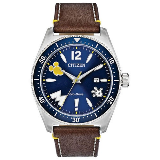 MEN'S VINTAGE MICKEY MOUSE ECO-DRIVE BROWN LEATHER STRAP WATCH, NAVY DIAL