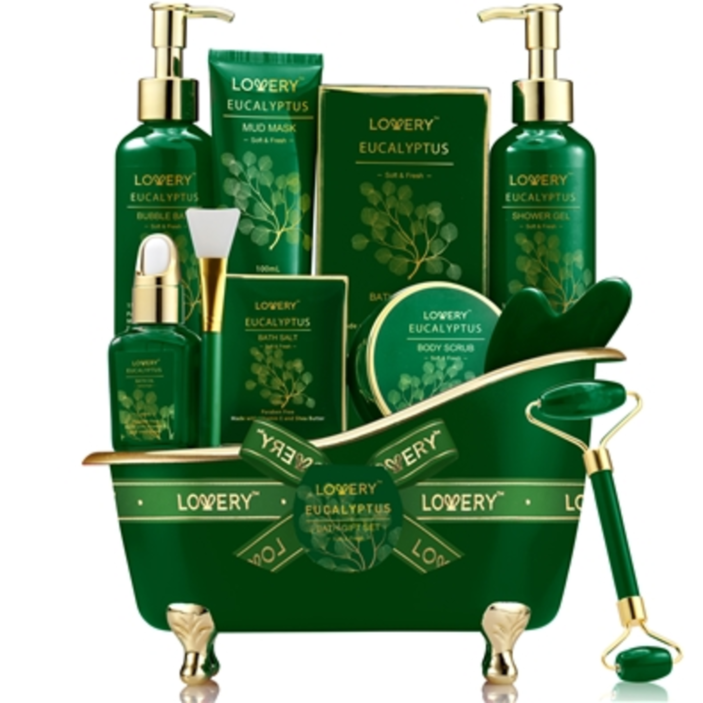 EUCALYPTUS SPA BASKET, GREEN / GOLD, 16 PIECES