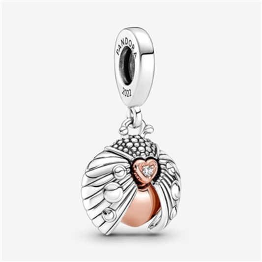 LADYBIRD AND HEART DANGLE CHARM, SILVER/ROSE GOLD